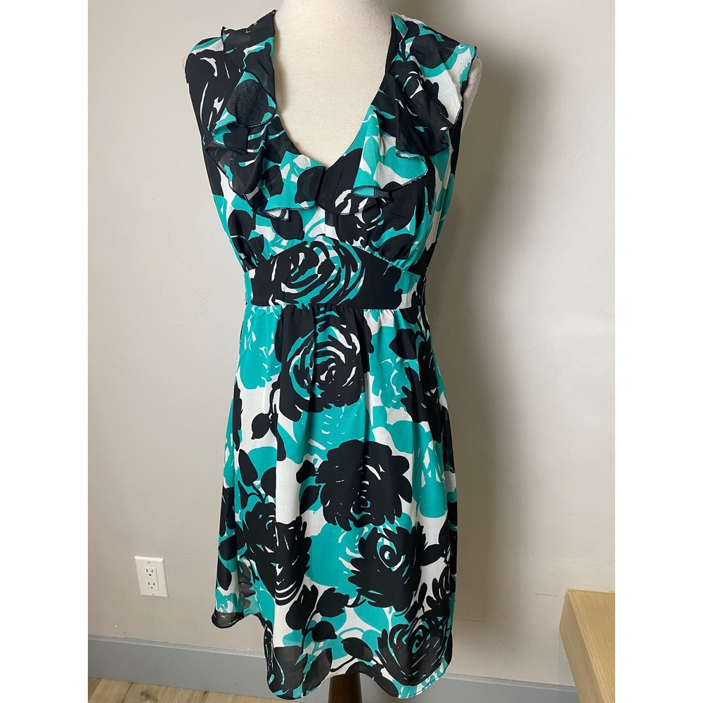 Mixit Y2K Floral Ruffle V-Neck Dress Teal Black White Rose Print 6 Deadstock